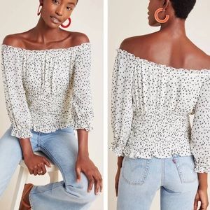 Anthropologie Lucia Polka Dot Top with Smocked Waist